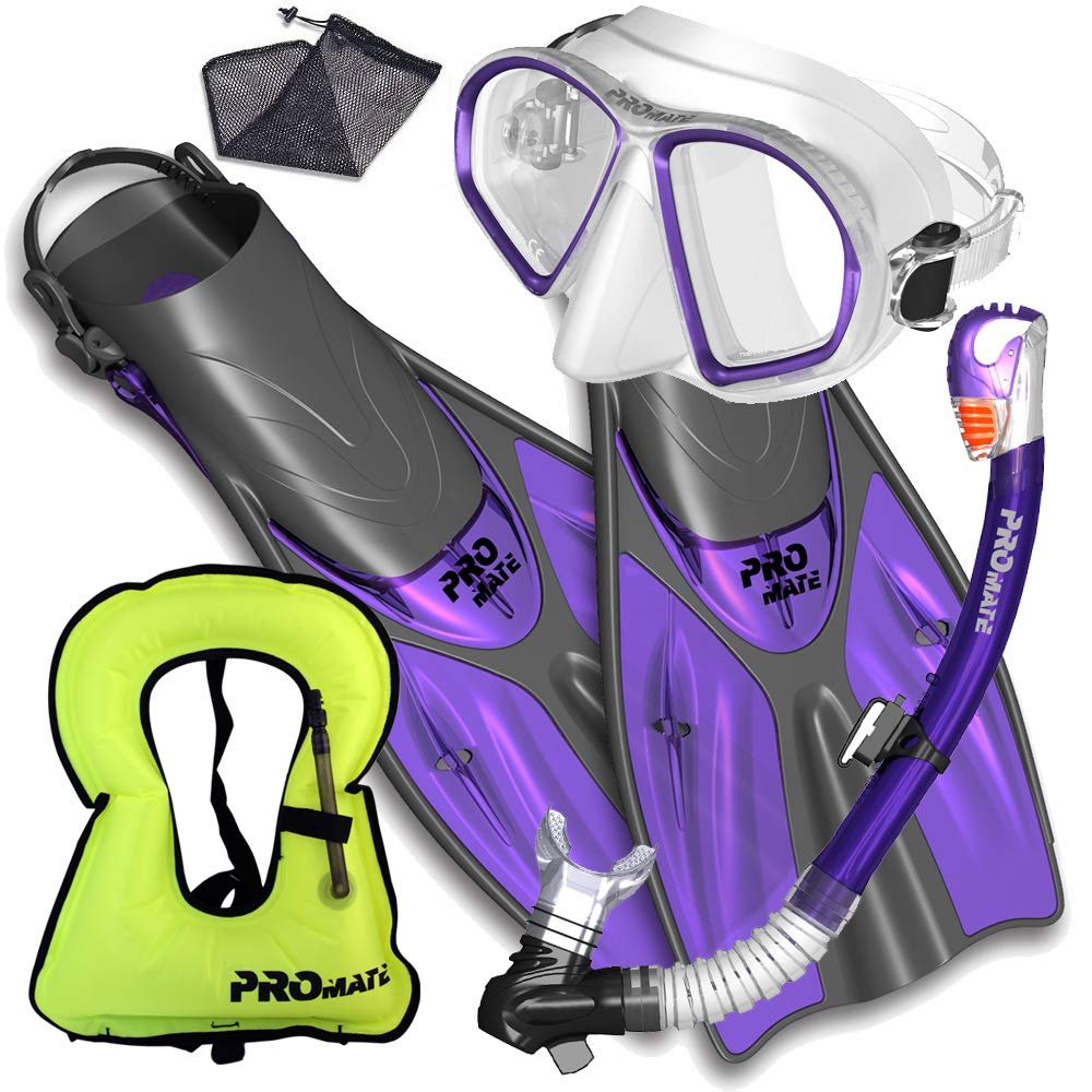 Adult Snorkel Vest Fins Mask Snorkel Set, Purple, SM