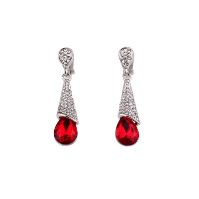 GRACE JUN Long Water Drop Rhinestone Crystal Clip on Earrings No Pierced for Women Costum Jewelry (Silver Red Clip-On)