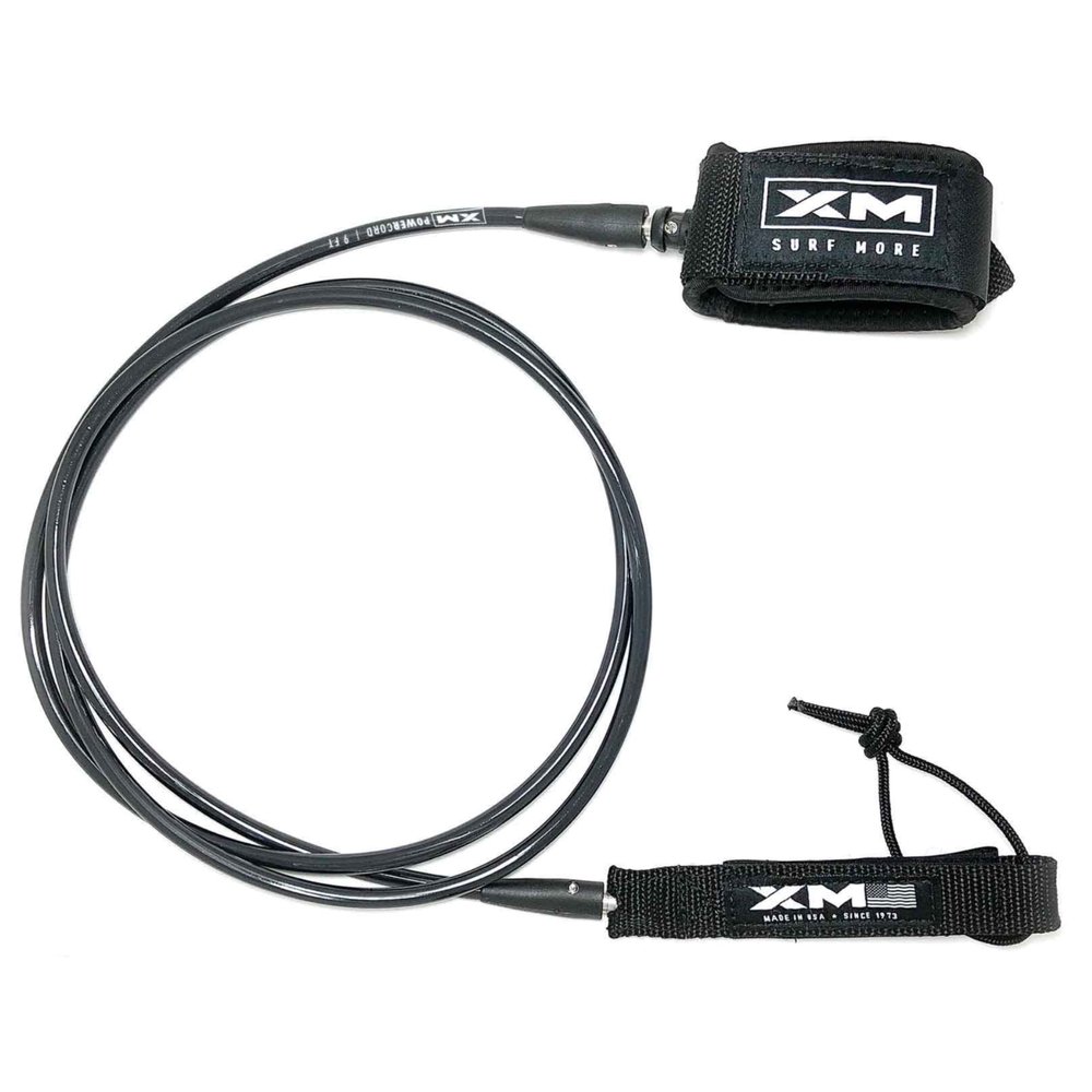 XM SURF MORE Premium Surfboard Leash, 8ft, Made in USA, Regular Cord Thickness (1/4in,7mm), Key Pocket, Unbreakable Swivels, Detachable Railsaver, All Black, Kink-Free [3 Year Warranty]
