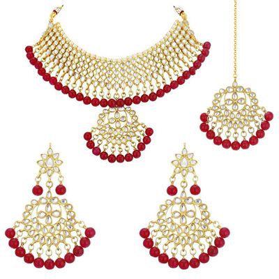 Aheli Indian Wedding Wear Faux Kundan Necklace with Maang Tikka Set Ethnic Fashion Bharatanatyam jewellery set Gift for Women Red