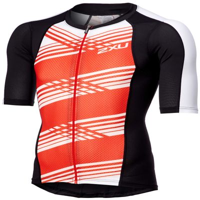 2XU Men's Compression Sleeved Tri Top (Black/Black White Lines, Small)