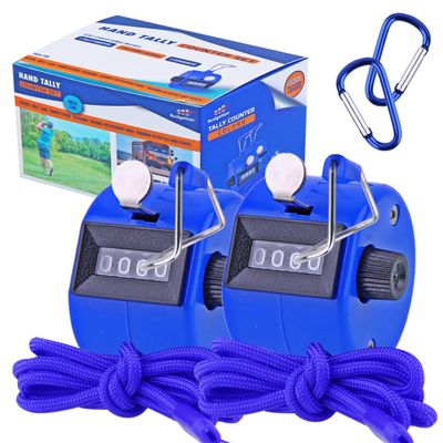 Hand Pitch Tally Counter Clicker 2 Pack Blue Handheld People Lap Counter Clickers with 2 Lanyard and 2 Carabiners Manual Mechanical 4 Digit Number Finger Ring Click for Umpire Baseball Golf Sports