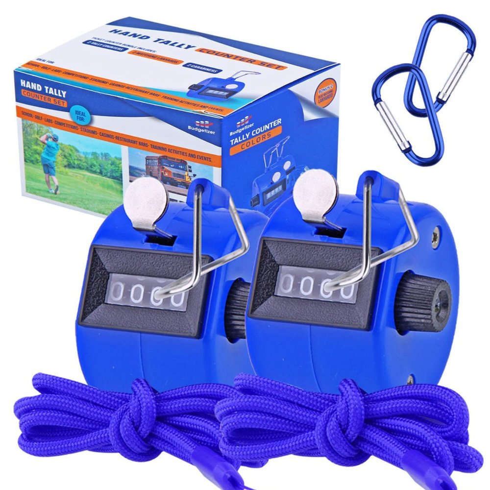 Hand Pitch Tally Counter Clicker 2 Pack Blue Handheld People Lap Counter Clickers with 2 Lanyard and 2 Carabiners Manual Mechanical 4 Digit Number Finger Ring Click for Umpire Baseball Golf Sports