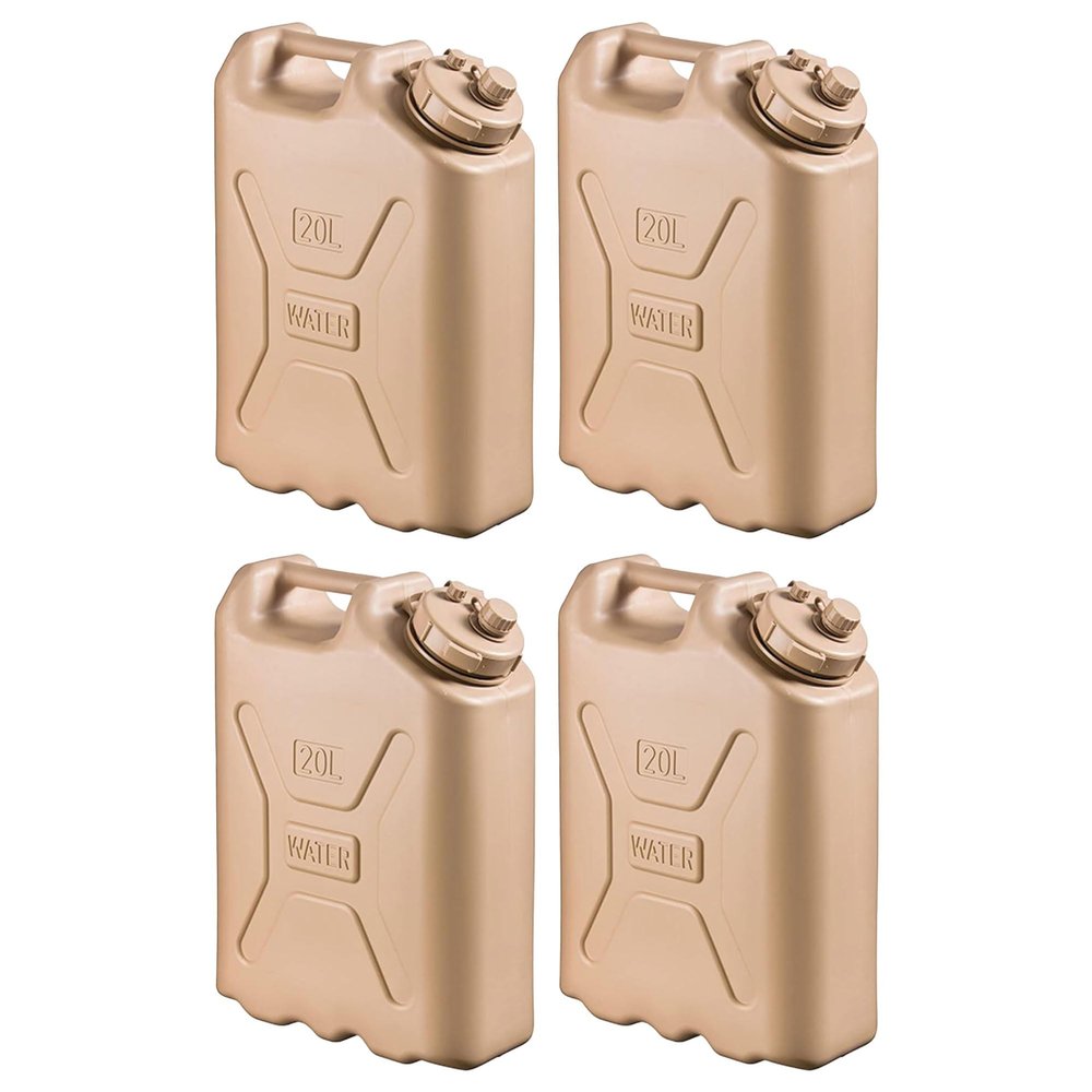 Scepter 4-Pack Portable Military Style Water Container for Camping & Outdoors, 5 Gallon, Sand - Heavy-Duty Plastic Beverage and Hydration Dispenser for Outdoor Trip