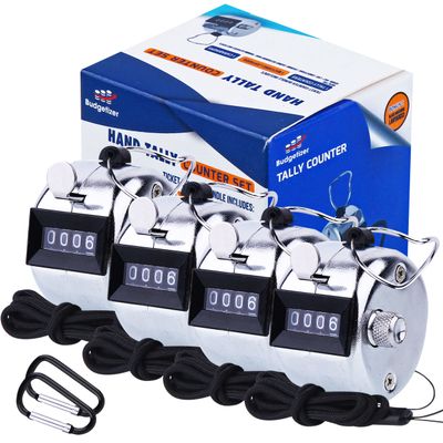 Hand Pitch Tally Counter Clicker1 and 4 Pack METAL Handheld People Lap Counter Clickers with 1 Lanyard and 1 Carabiner Manual Mechanical Silver Steel 4 Digit Number Finger Ring Click (4 Pack)