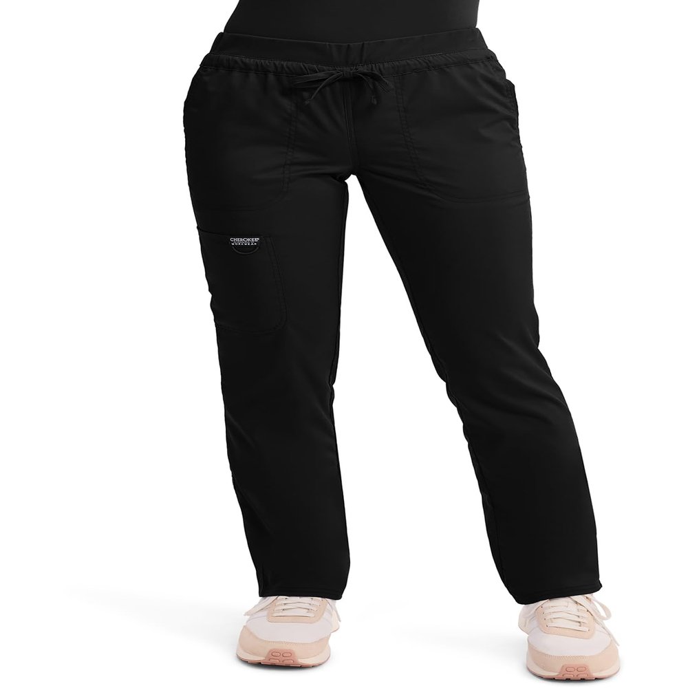 Cherokee Scrubs for Women Mid Rise Tapered Leg Drawstring Pant with 5 Pockets, Cargo Bottom with 2 Way Stretch Fabric - WW105P, L Petite, Black