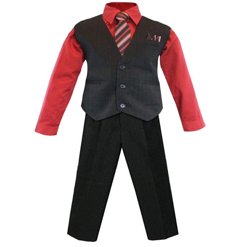 Luca Gabriel Toddler Boys' 4 Piece Pinstripe Vest Shirt Tie Pant and Hanky Set Red - 3t