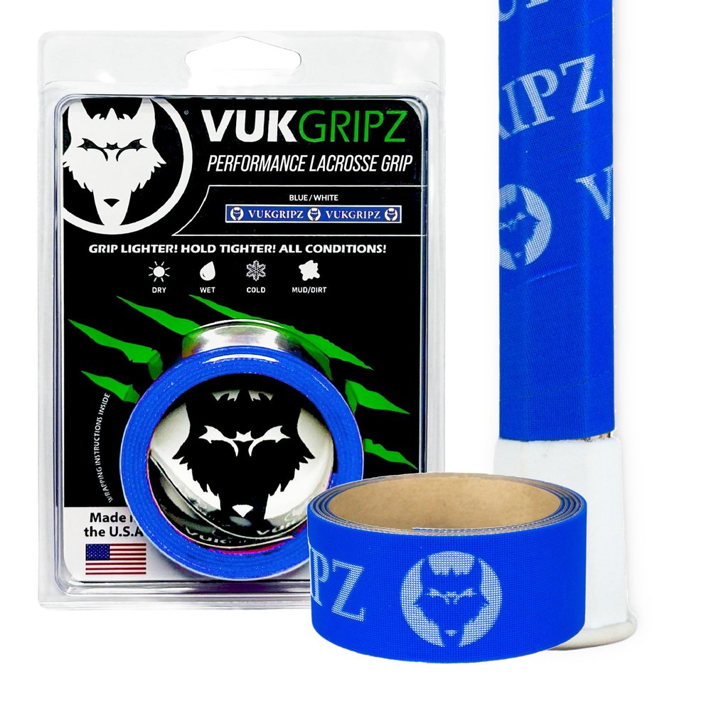 VukGripz Lacrosse Stick Tape - Non-Sticky, Friction-Based, Moisture-Wicking Lacrosse Grip Tape, Thin and Reusable, NCAA-Legal Faceoff Grip, Slip-Free in Wet Conditions, Made in USA (Legacy Blue)
