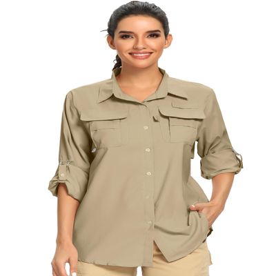 Women's UPF Long Sleeve Fishing Shirts Button Up Hiking Safari Shirts Sun Protection and Quick Dry,Khaki,L