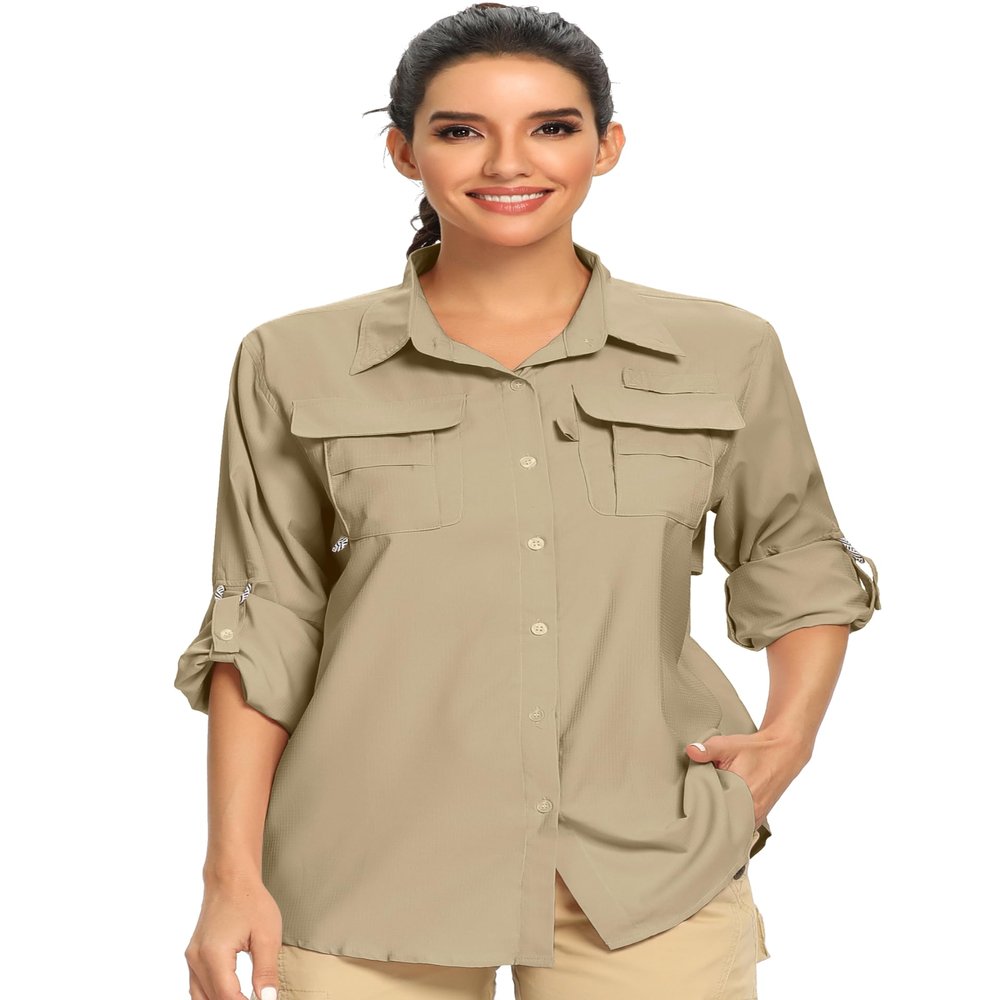 Women's UPF Long Sleeve Fishing Shirts Button Up Hiking Safari Shirts Sun Protection and Quick Dry,Khaki,S