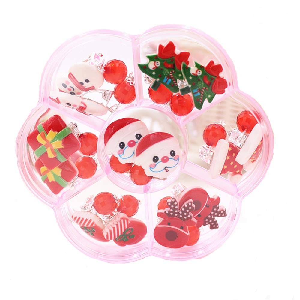 7 Pairs Christmas Clip-on Earrings Hypoallergenic Christmas Earrings Santa Jewelry Earrings Set for Women Including Red Santa Claus Present Box White Snowman
