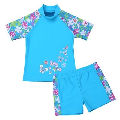 ACSUSS Kids Girls 2PCS Swimsuit UPF 50+ Short Sleeves Floral Rash Guard Set Turtleneck T-Shirt with Shorts Swimwear Sky Blue 5-6