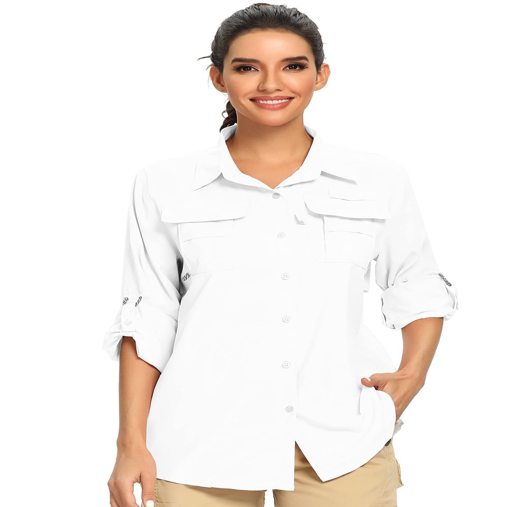 Women's Quick Dry UPF 50+ Sun Protection Long Sleeve Shirt Hiking Fishing Shirts,White,M