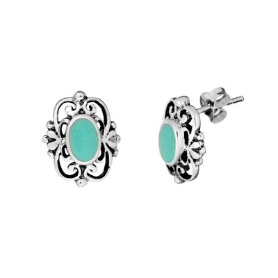 81stgeneration Sterling Silver Vintage-Style Filigree Frame Oval Turquoise Stud Earrings for Women - Victorian-Inspired Floral Studs - Blue Gemstone Earrings With Ornate Scrollwork - Boho Jewelry