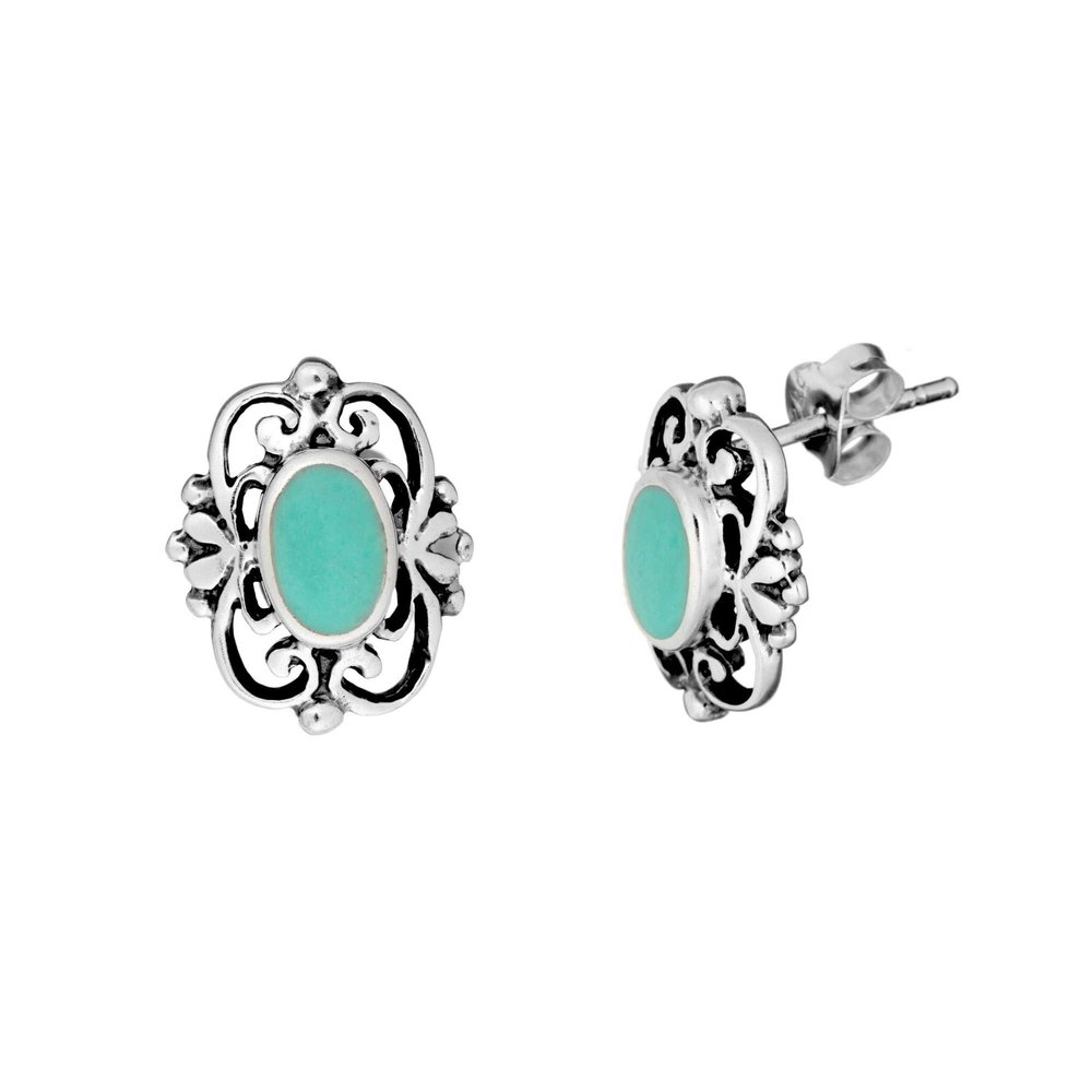 81stgeneration Sterling Silver Vintage-Style Filigree Frame Oval Turquoise Stud Earrings for Women - Victorian-Inspired Floral Studs - Blue Gemstone Earrings With Ornate Scrollwork - Boho Jewelry