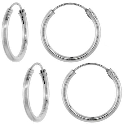 2 Pairs 2mm Thick Sterling Silver 20mm Endless Hoop Earrings 3/4 inch Round