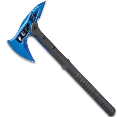 M48 Blue Tactical Tomahawk Axe and Snap On M48 Sheath - Hawk Axe, Blue Stainless Steel Blade, Piercing Spike, Grippy Reinforced Fiberglass Handle, Made for Door Breaching and Chopping - Length 15