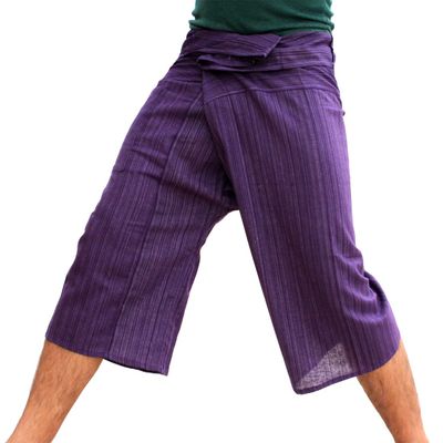RaanPahMuang Brand Thin Striped Cotton Thai Fisherman Capri Wrap Pants, Small, Indigo Violet