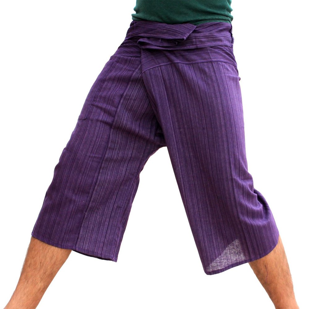 RaanPahMuang Brand Thin Striped Cotton Thai Fisherman Capri Wrap Pants, Small, Indigo Violet