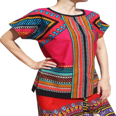 RaanPahMuang Bright Arrowhead African Dashiki Traditional Cut Front Collar Shirt, Large, Front Split - Magenta Pink