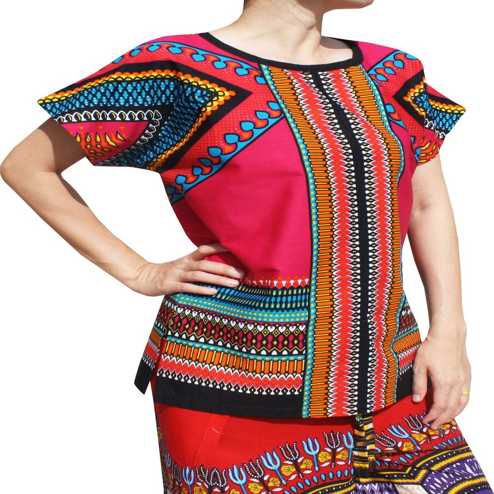 RaanPahMuang Bright Arrowhead African Dashiki Traditional Cut Front Collar Shirt, Large, Front Split - Magenta Pink