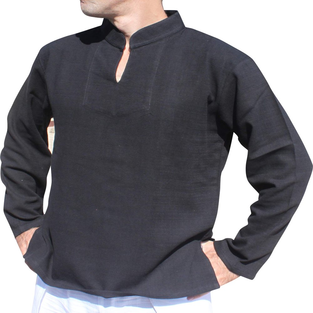 RaanPahMuang Soft Summer Textured Cotton Chinese Collar Long Sleeve Shirt, 3X-Large, Black
