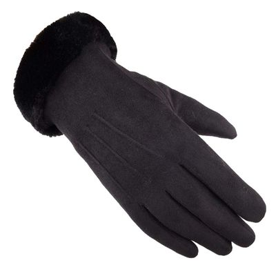 Women Winter Cold Texting Color Faux Soft Suede Gloves with Faux Rabbit Fur (Black, Free size)