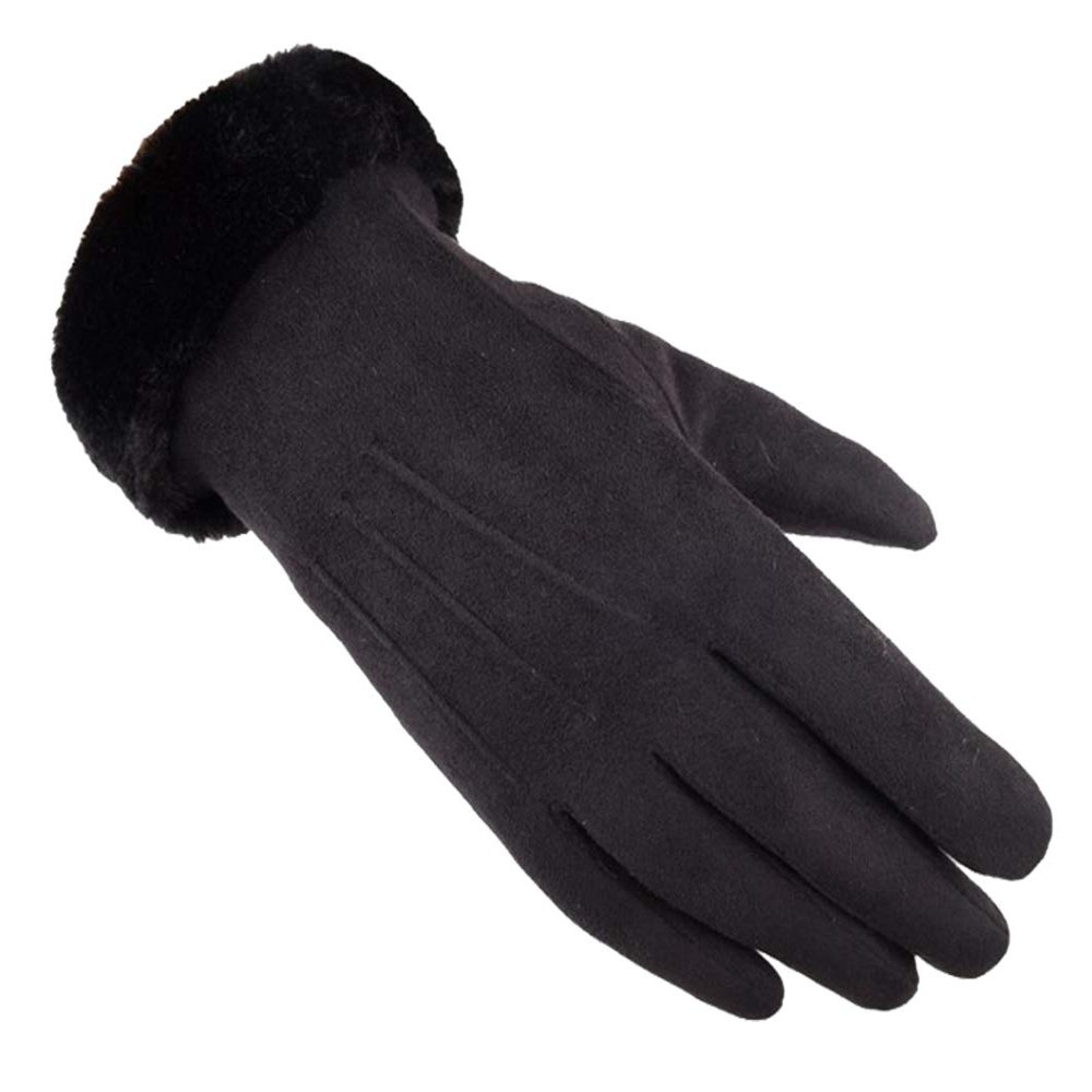 Women Winter Cold Texting Color Faux Soft Suede Gloves with Faux Rabbit Fur (Black, Free size)