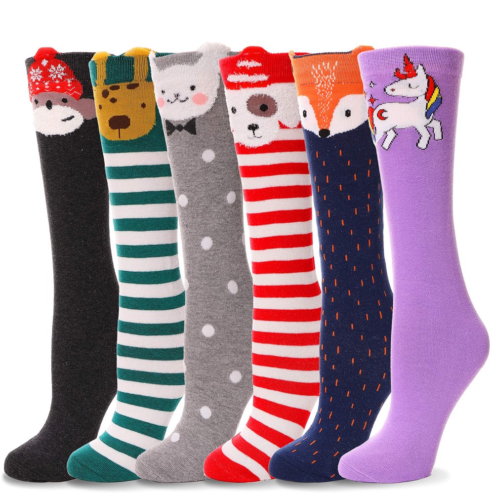 ANTSANG Kids Girls Knee High Socks Long Boot Crazy Silly Fun Gift Cute Tall Animal Socks for Child 6 Pairs Stocking Stuffers Gifts for 10 Year Old Girls Birthday Gifts Ideas(Dots Animal)