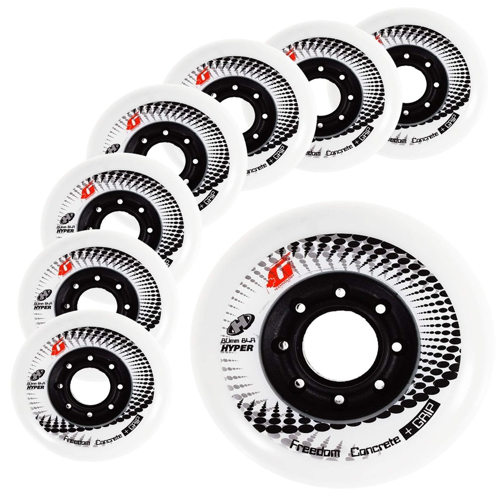 Hyper Concrete +G Inline Skate Wheels - 84A, 8-Pack - Freeride, Slalom, Urban & Fitness Skating (White, 80MM)