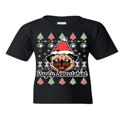 Pugly Sweatshirt Youth T-Shirt Pug Ugly Sweater Jolly Christmas Xmas Kids Tee Black Small