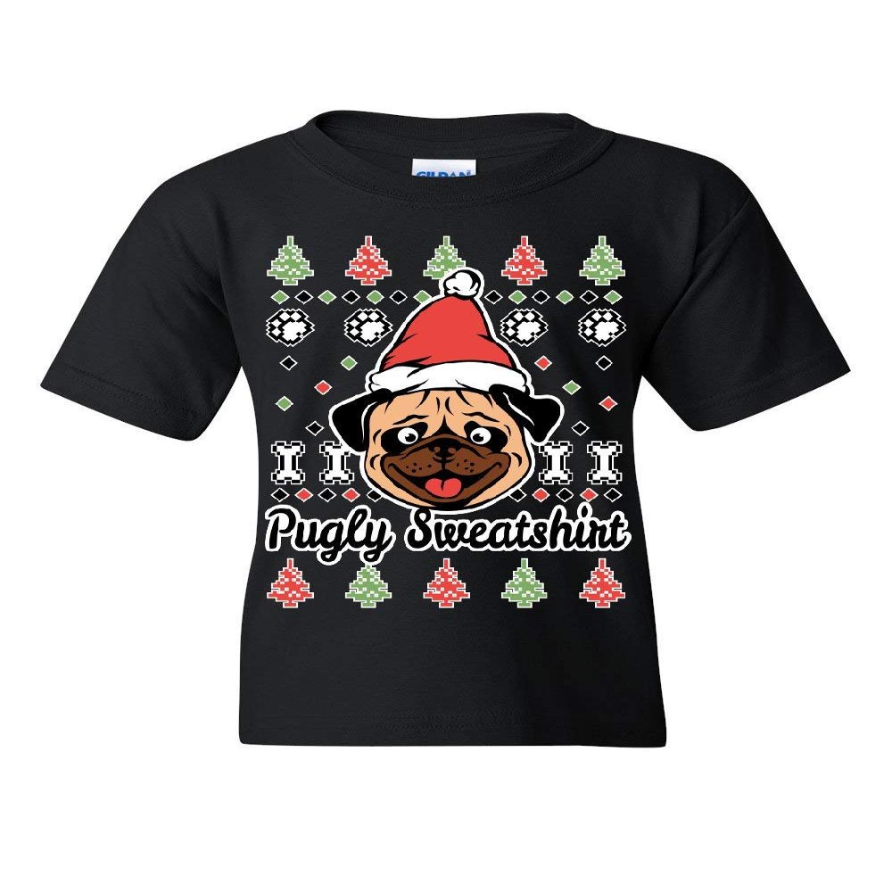 Pugly Sweatshirt Youth T-Shirt Pug Ugly Sweater Jolly Christmas Xmas Kids Tee Black Small