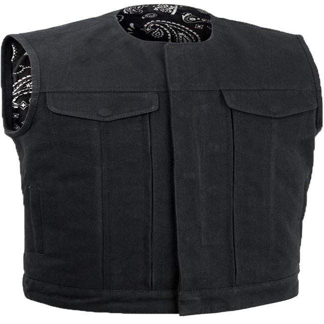 Canvas Club Vest with No Collar & Front Hidden Multi Accessory Pocket System Black
