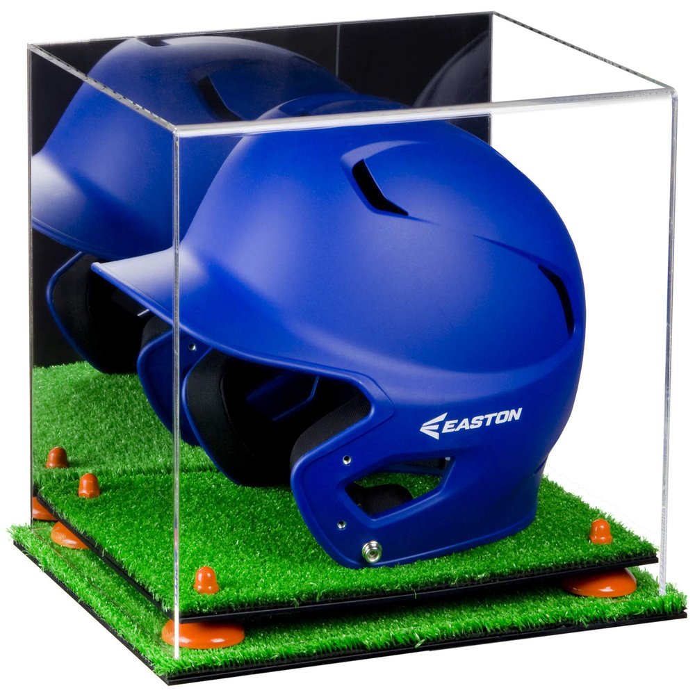 Acrylic Display Case for Baseball Batting Helmet Premium Baseball Display Case with Turf Base and Polished Edges Durable Display Cases for Collectibles .Dim: 12.25" L x 10" W x 10.5" H(A012-OR)