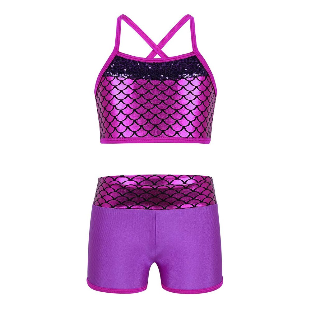 inlzdz Kids Girls Two Piece Sports Ballet Dance Outfits Spaghetti Shoulder Straps Fish Scales Printed Tops with Bottoms Set Rose Red 12