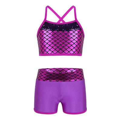 inlzdz Kids Girls Two Piece Sports Ballet Dance Outfits Spaghetti Shoulder Straps Fish Scales Printed Tops with Bottoms Set Rose Red 10