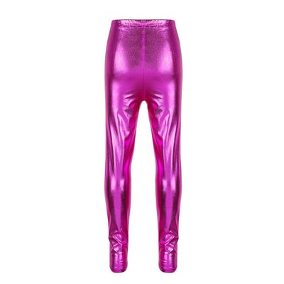 Freebily Kid Girl Ladies Disco Metallic Shiny Dance Stretch Legging Tights Foil School Footless Jazz Performance Costume Rose Red 7-8