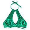FEESHOW Women's Shiny Metallic Leather Crop Tops Halter Bikini Tank Crop Top Green One Size view 3