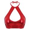 FEESHOW Women's Shiny Metallic Leather Crop Tops Halter Bikini Tank Crop Top Red One Size view 2