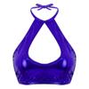 FEESHOW Women's Shiny Metallic Leather Crop Tops Halter Bikini Tank Crop Top Navy Blue One Size view 2