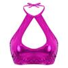 FEESHOW Women's Shiny Metallic Leather Crop Tops Halter Bikini Tank Crop Top Rose One Size view 2