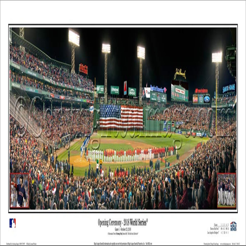 Boston Red Sox 2018 World Series Game One Opening Ceremony/ w Game Inserts - 13.5x39 Panoramic Poster. Frame Dimensions 15.5x41 Deluxe Double Matt & Brown "Mahogany" Wood Frame w/Plexi Glass #2124