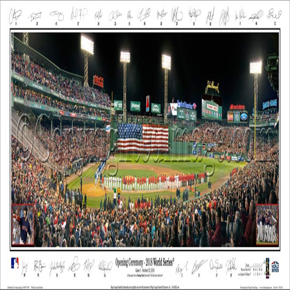 2018 World Series Opening Ceremony w/Game Inserts and Facsimile Signatures Panoramic Poster.15.5x41 Deluxe Brown Wood Frame with Plexi Glass