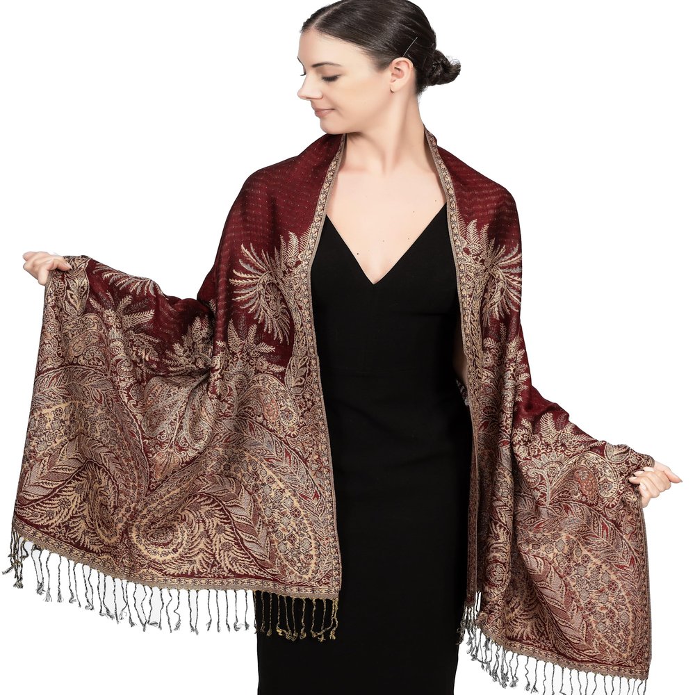 Achillea Soft Silky Reversible Paisley Pashmina Shawl Wrap Scarf w/Fringes (Big Paisley Burgundy)