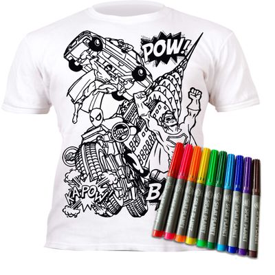 Splat Planet Color in Superhero T-Shirt with 10 Non-Toxic Washable Magic Markers - Color in and Wash Out T-Shirt (9-11 Years) White