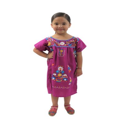 Ethnic Identity Embroidered Puebla Mexican Dress for Girls, Handmade Traditional Mexican Dress for Girls, Cotton Floral Girls Mexican Dress for Toddlers, 4T, Electric Purple