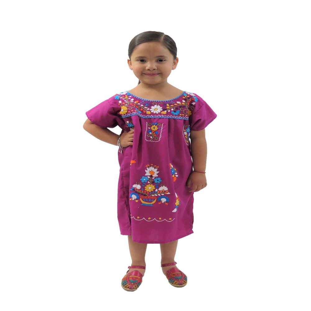 Ethnic Identity Embroidered Puebla Mexican Dress for Girls, Handmade Traditional Mexican Dress for Girls, Cotton Floral Girls Mexican Dress for Toddlers, 4T, Electric Purple