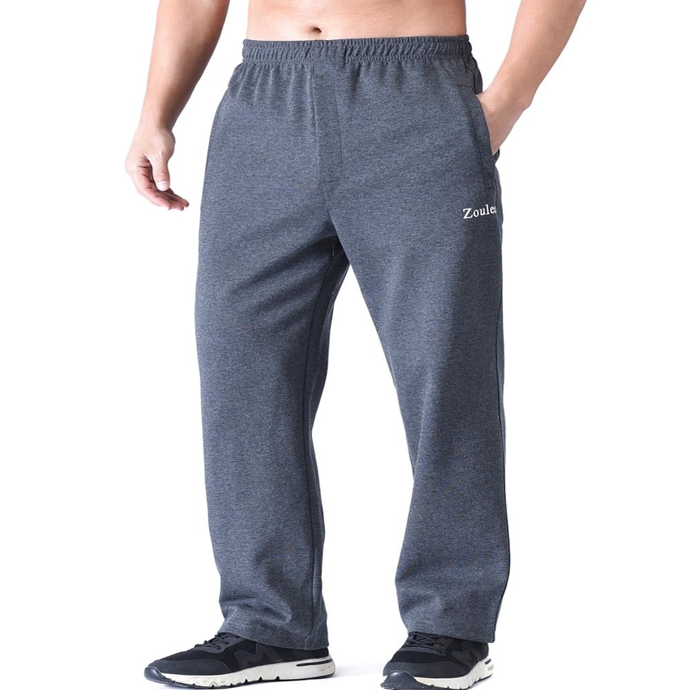 Zoulee Men's Open-Bottom Cotton Track Pants Sweatpants Jogging Pants with Zip Fly Dark Grey XL