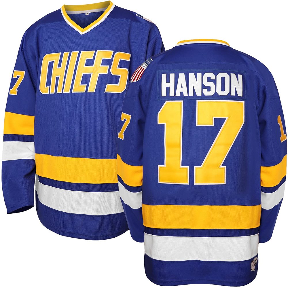 Phoneutrix Hanson Brothers Charlestown Chiefs 16 Jack 17 Steve 18 Jeff Slap Shot Movie Hockey Jersey Blue (17 Blue, Large)