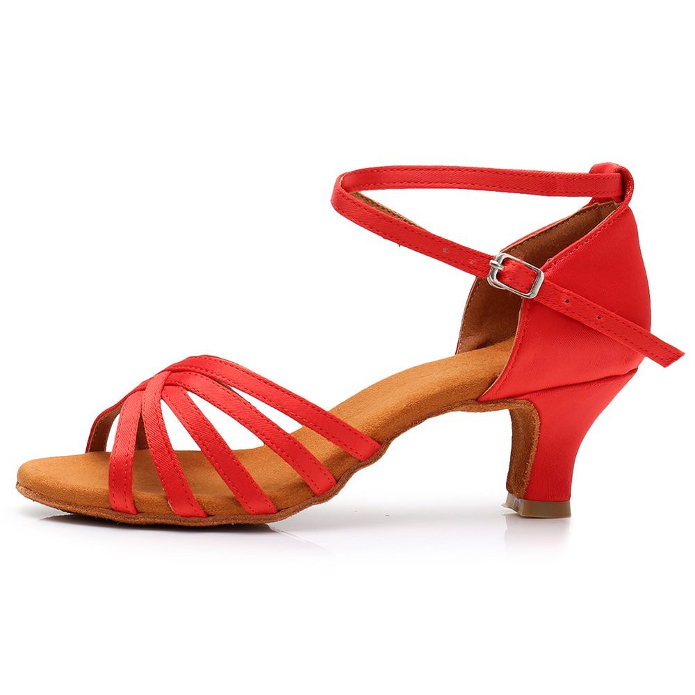 SWDZM Women's Latin Dance Shoes Satin Ballroom Salsa Performence Practice Dance Shoes,Heel-5CM,EM213 Red 8.5 US